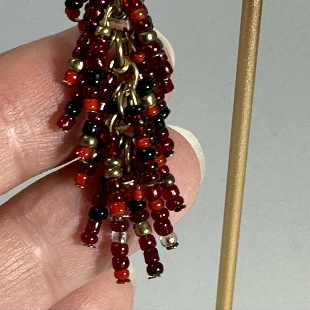 Red & Black Seed Bead Tassel Boho Dangle Beaded Earrings